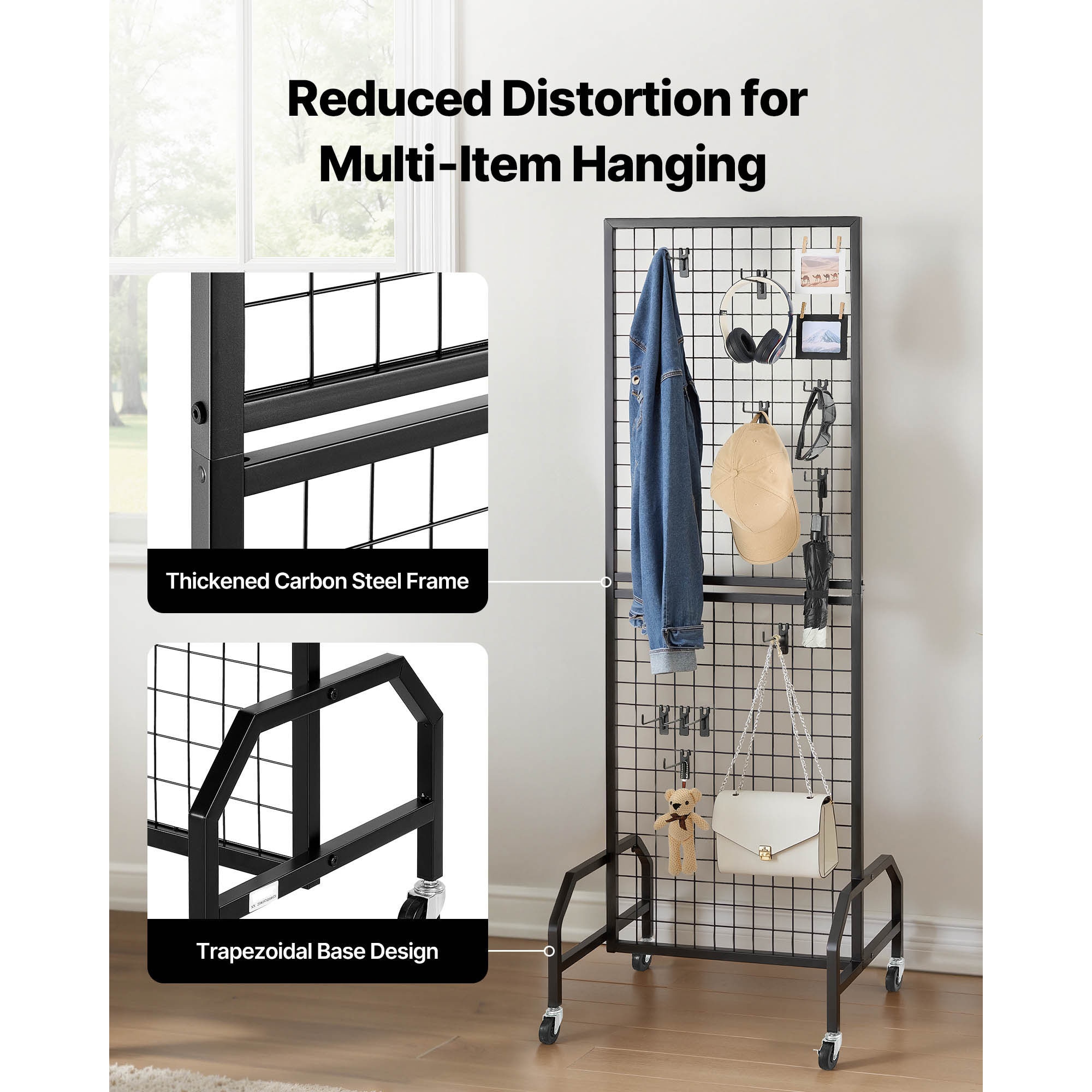 Grid Wall Panel 1.9 X 5.4 Ft Wire Display Rack With Wheels And 10 Hooks_voghion.com